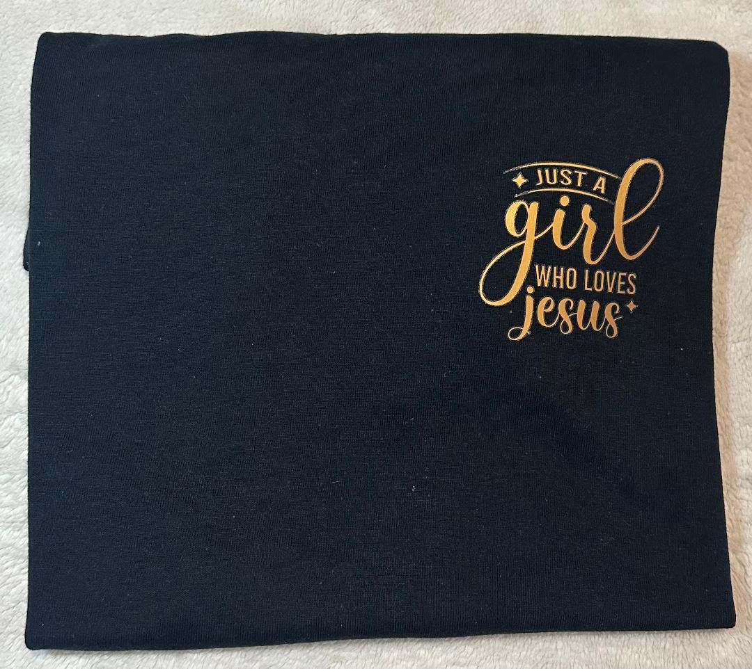 Just a girl who loves Jesus pocket black t-shirt