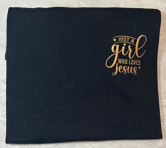 Just a girl who loves Jesus pocket black t-shirt