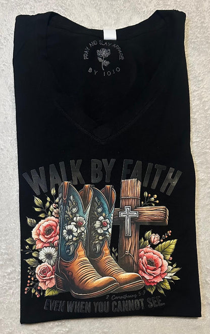 Walk by faith even when you cannot see black v-neck t-shirt