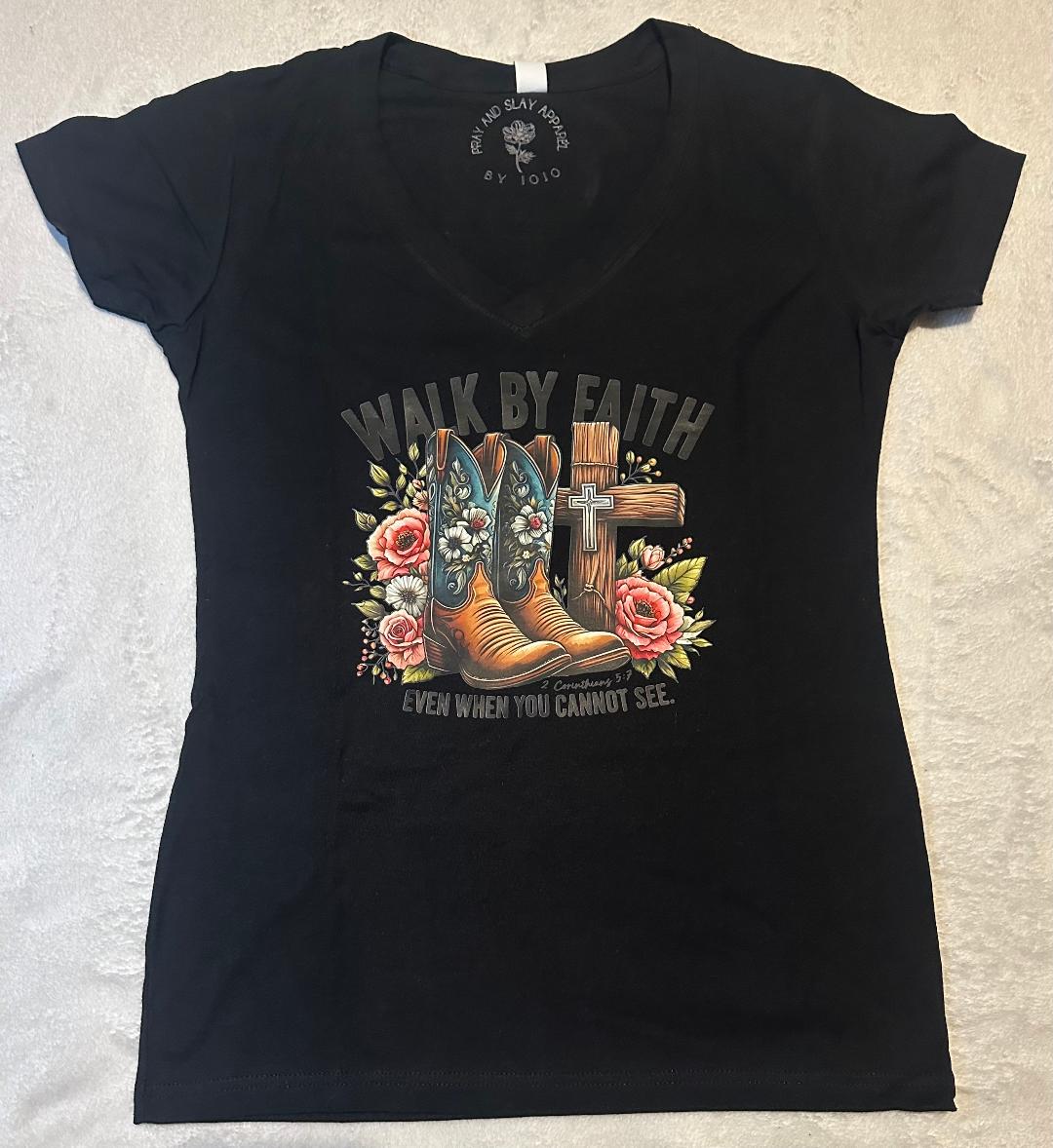 Walk by faith even when you cannot see black v-neck t-shirt