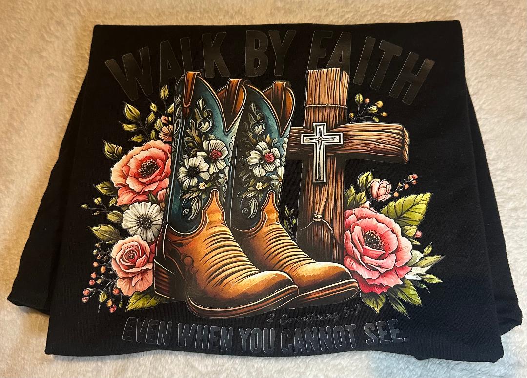 Walk by faith even when you cannot see black v-neck t-shirt