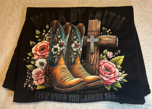 Walk by faith even when you cannot see black v-neck t-shirt